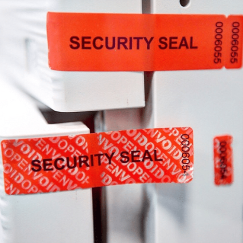 Non-residue-tamper-evident-labels-with-dual-number-tabs-securing-office-documents